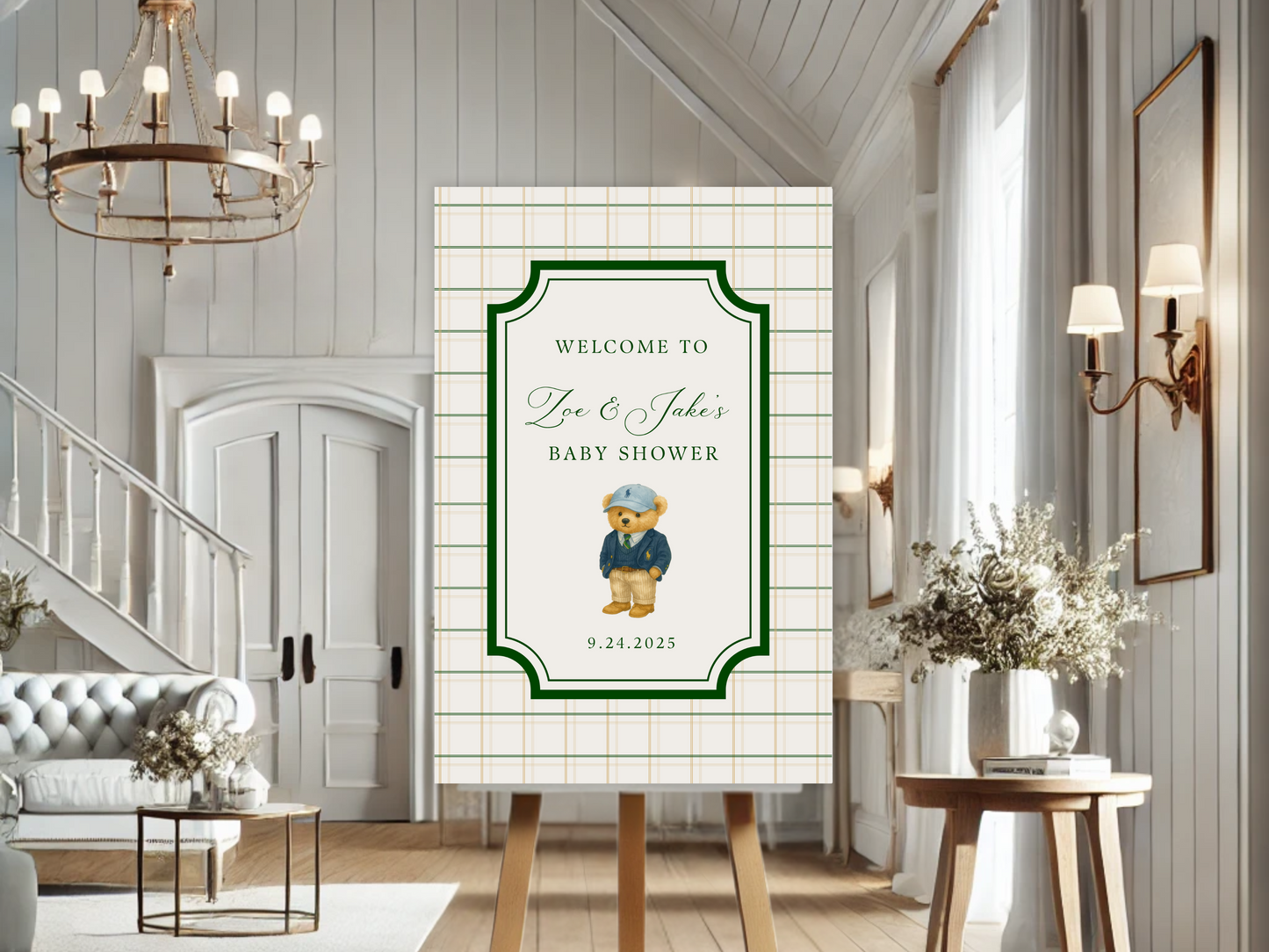 Preppy Teddy Bear Baby Shower Welcome Sign