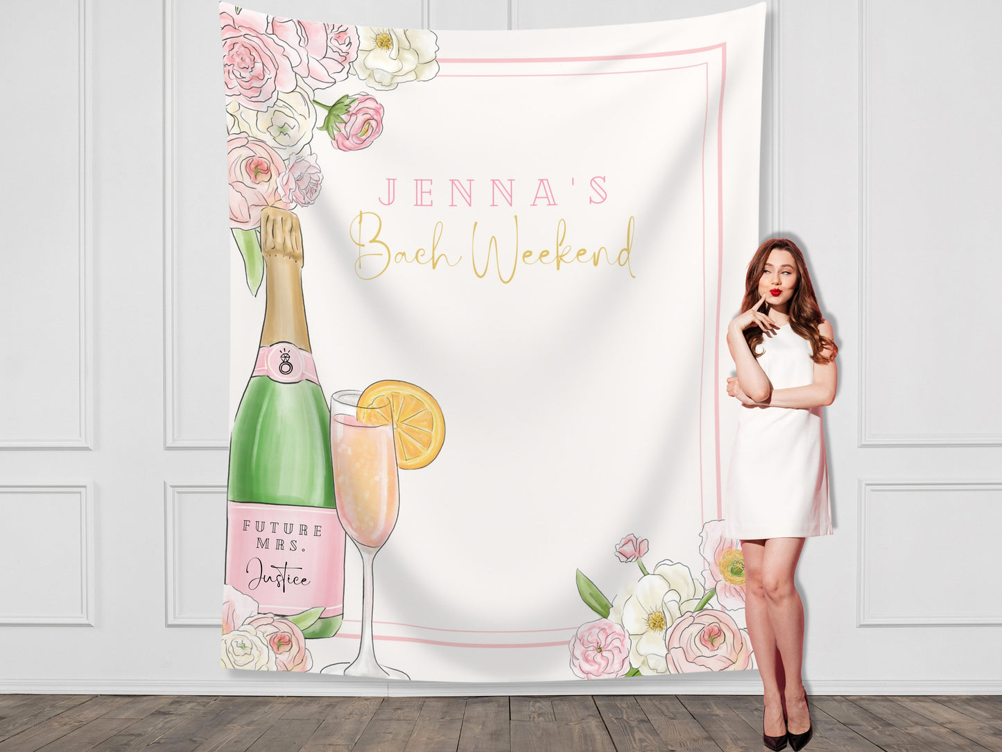 Champagne Bachelorette Party Custom Backdrop | Pink Floral Champagne Bottle Bach Weekend Personalized Banner | Bridal Brunch | Baby Shower