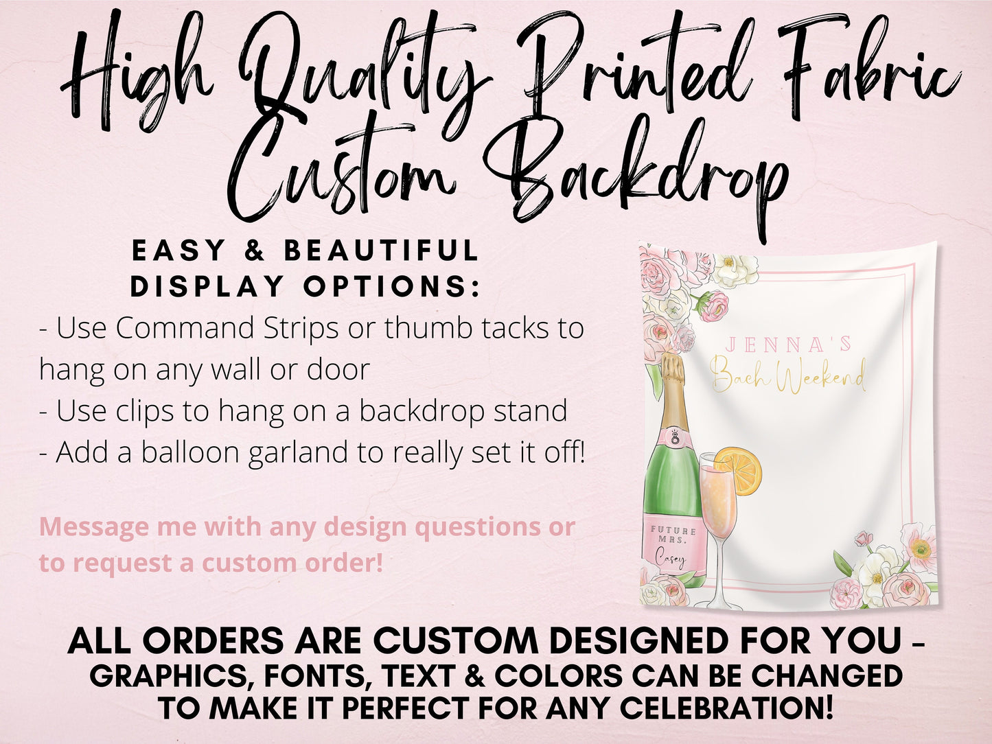 Champagne Bachelorette Party Custom Backdrop | Pink Floral Champagne Bottle Bach Weekend Personalized Banner | Bridal Brunch | Baby Shower