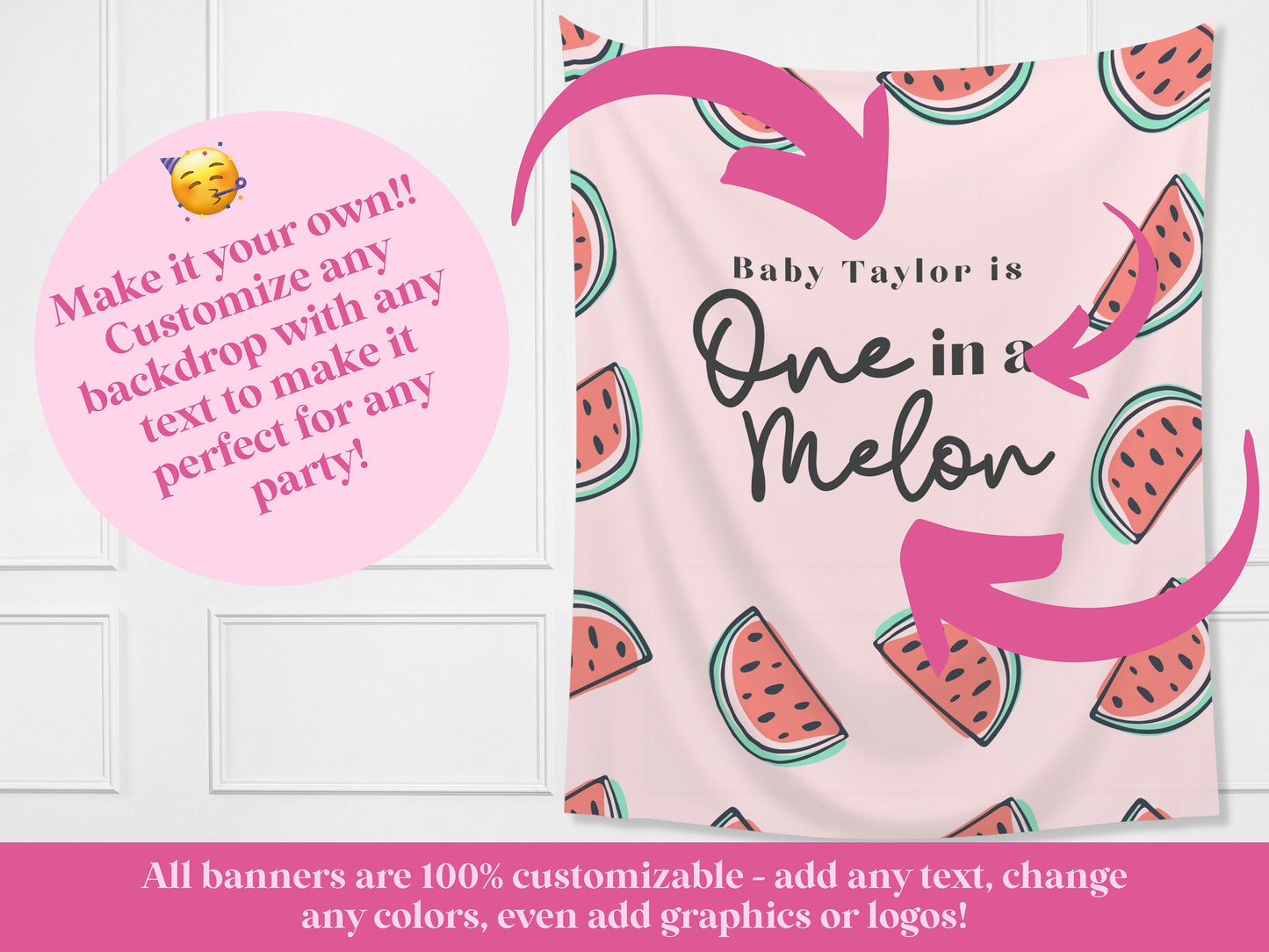 One in a Melon Summer Watermelon Customizable 1st Birthday Backdrop | Little Sweetie Custom Birthday Party or Baby Shower Banner