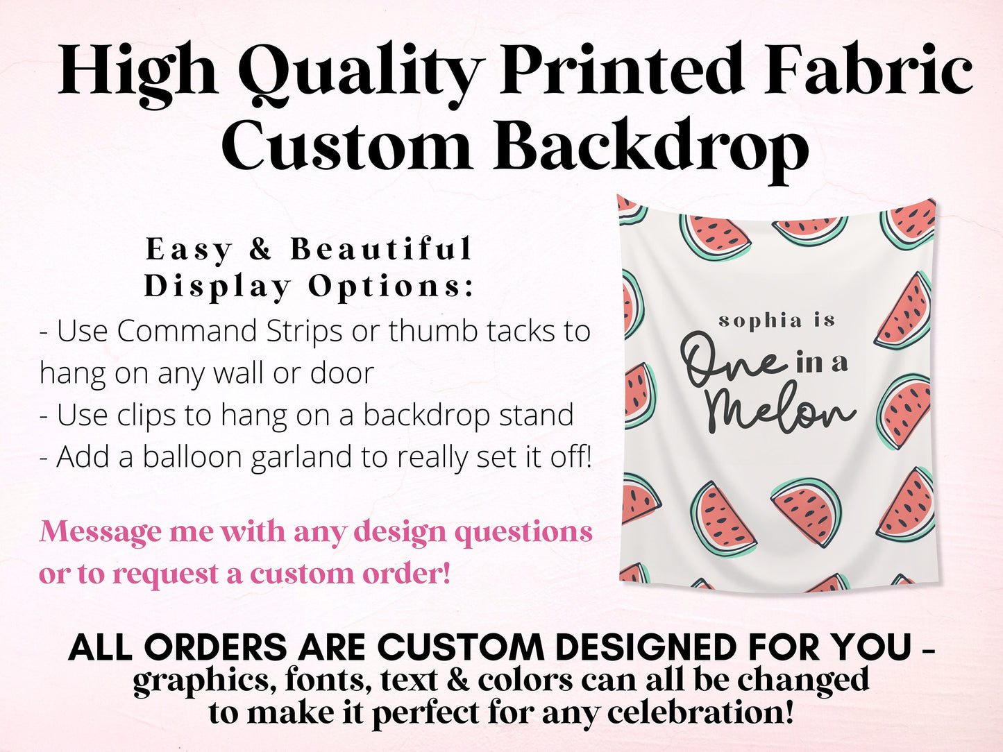 One in a Melon Summer Watermelon Customizable 1st Birthday Backdrop | Little Sweetie Custom Birthday Party or Baby Shower Banner