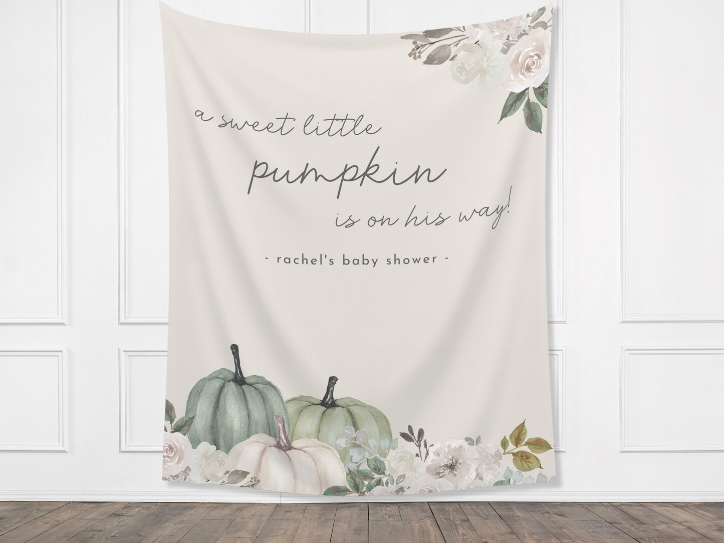 A Little Pumpkin Customizable Fall Baby Shower Backdrop | Sage Green Custom Pumpkin Autumn Floral Banner | September October Party Décor