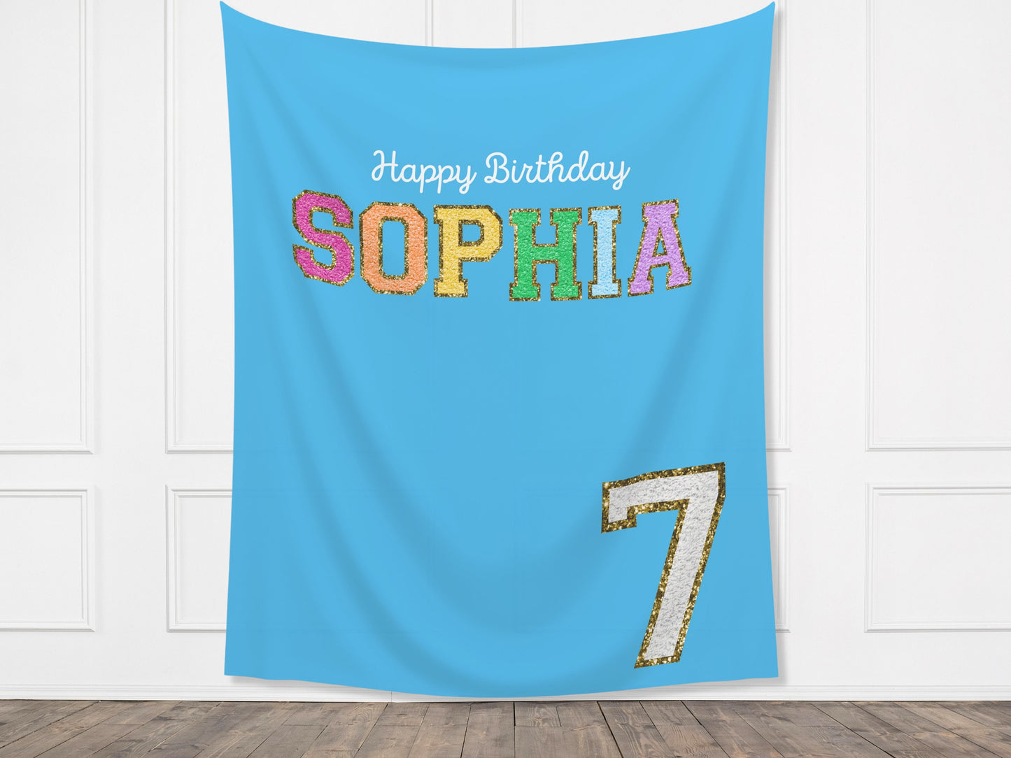 Preppy Patch Glitter Letter Custom Party Backdrop | Stoney Inspired Rainbow Party Banner | Gold Chenille Varsity | ANY Text, Font and Colors