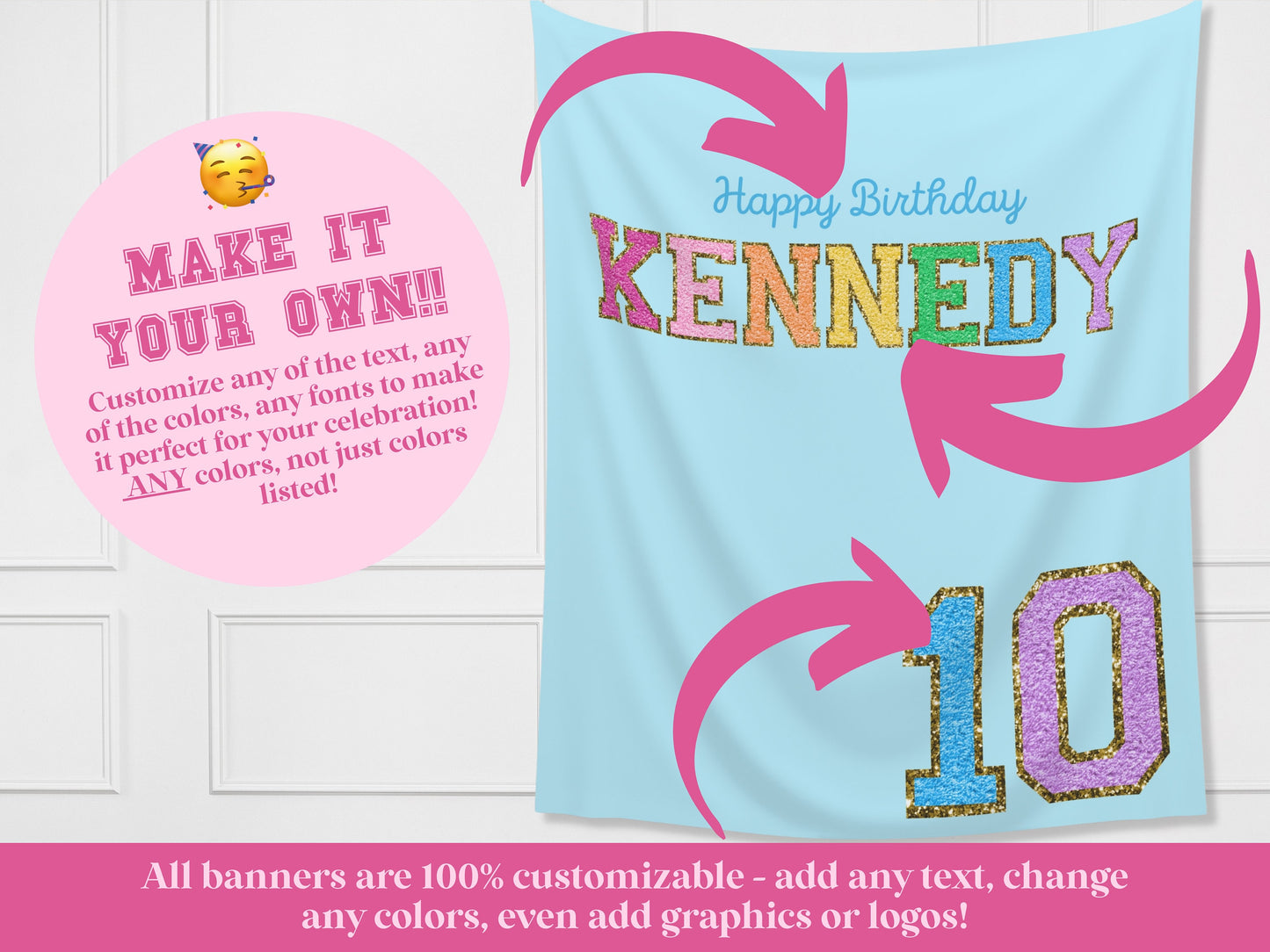 Preppy Patch Glitter Letter Custom Party Backdrop | Stoney Inspired Rainbow Party Banner | Gold Chenille Varsity | ANY Text, Font and Colors