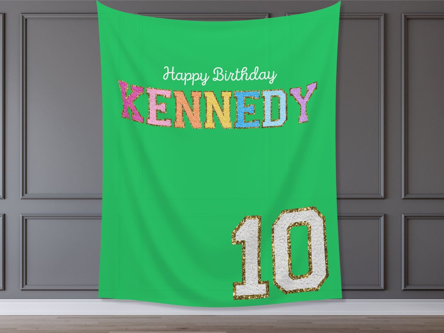Preppy Patch Glitter Letter Custom Party Backdrop | Stoney Inspired Rainbow Party Banner | Gold Chenille Varsity | ANY Text, Font and Colors