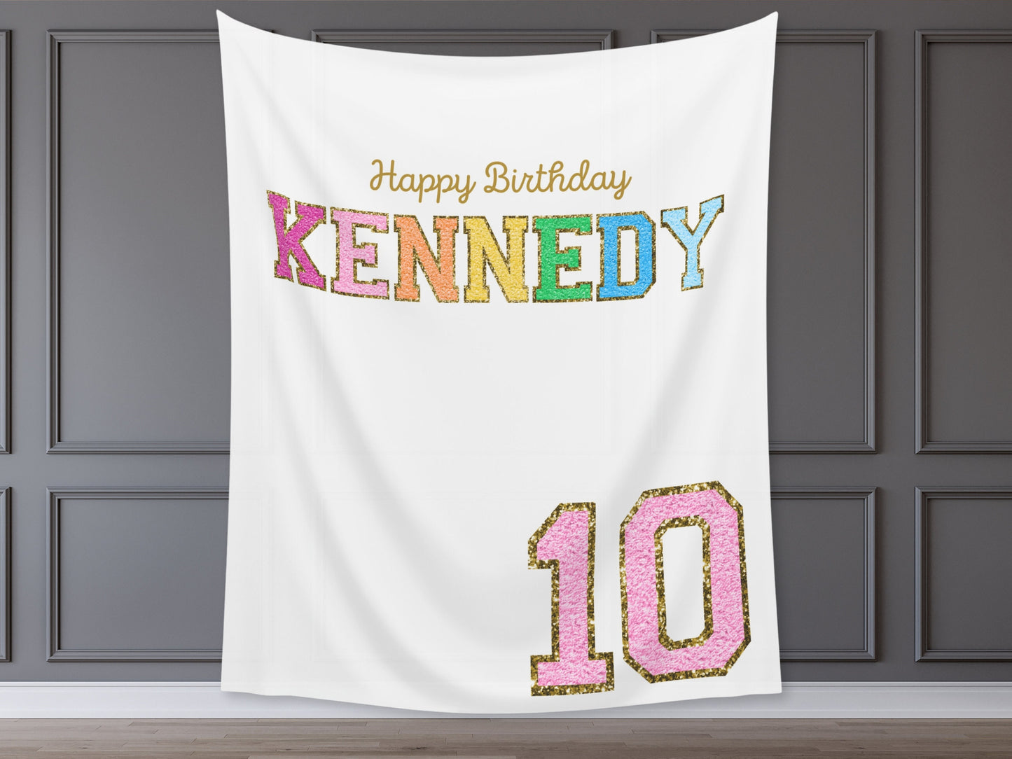 Preppy Patch Glitter Letter Custom Party Backdrop | Stoney Inspired Rainbow Party Banner | Gold Chenille Varsity | ANY Text, Font and Colors