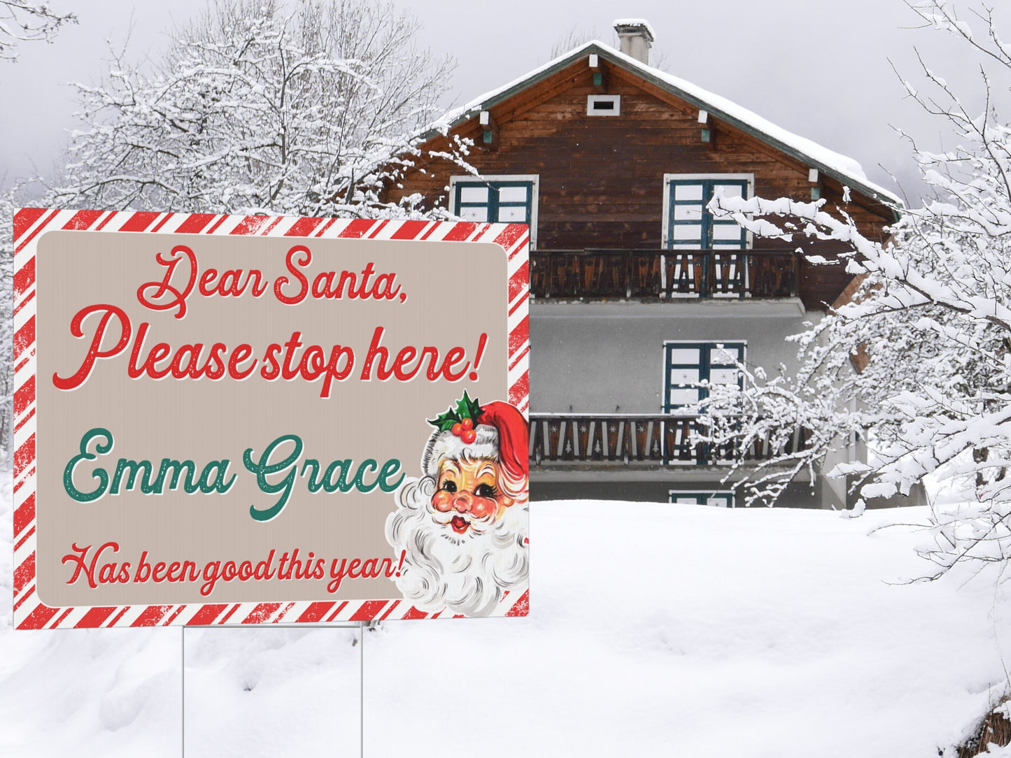 Santa Stop Sign Custom Yard Décor | Retro Pink Christmas Outdoor Sign with Stake | Gift from Elf Scene | Stop Here | Christmas Gift for Kids