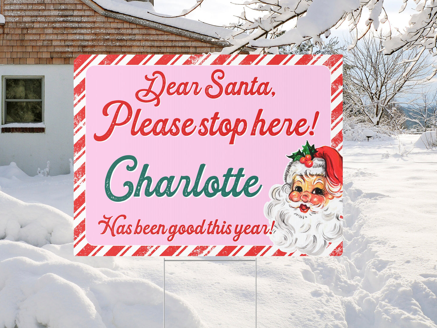 Santa Stop Sign Custom Yard Décor | Retro Pink Christmas Outdoor Sign with Stake | Gift from Elf Scene | Stop Here | Christmas Gift for Kids