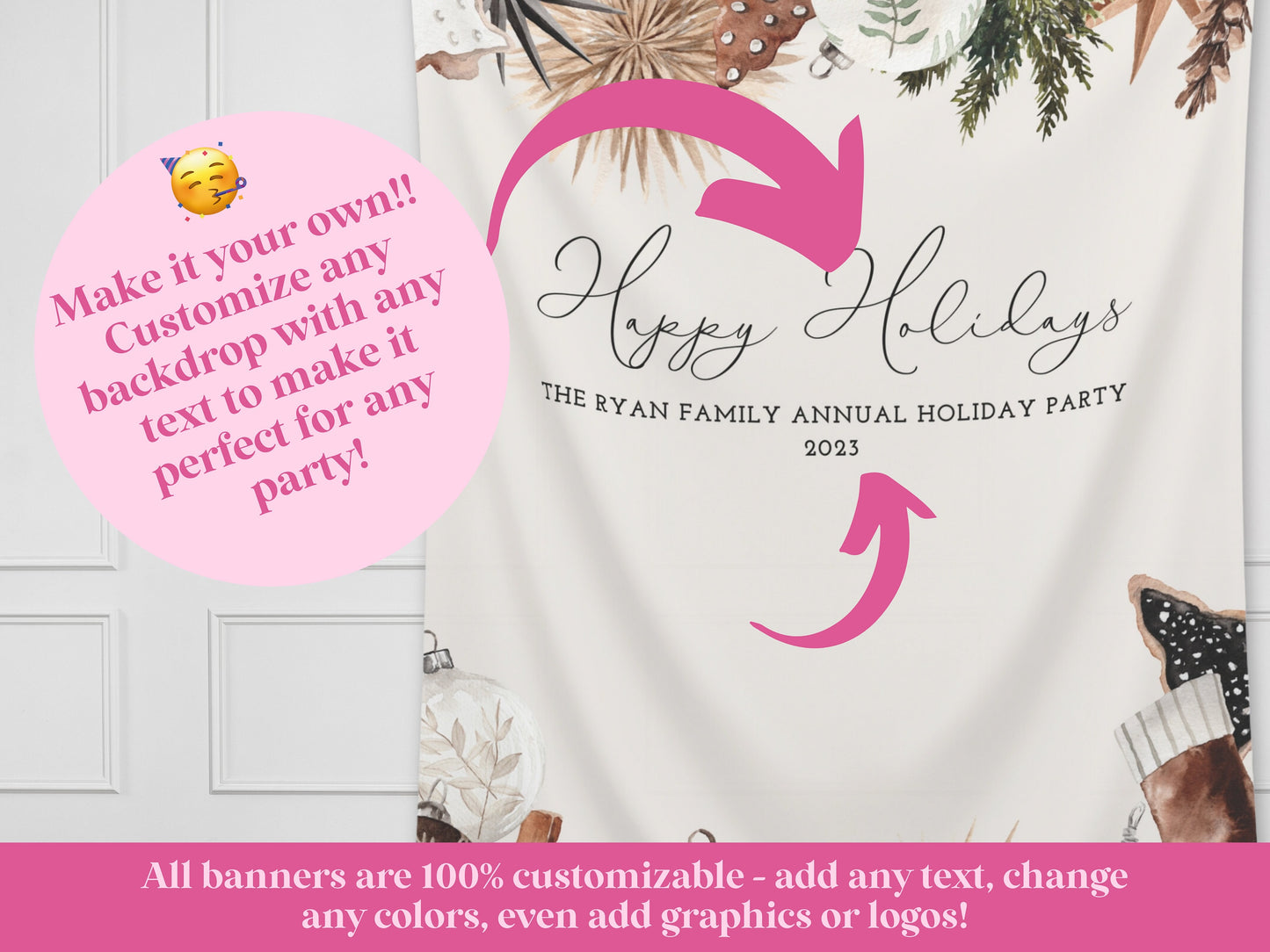 Cozy Chic Custom Holiday Banner | Black Christmas Party Backdrop for Balloon Garland | Rustic Boho Party or Shower Décor | Watercolor Wreath