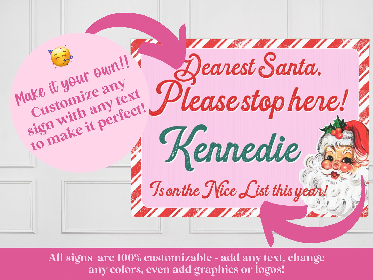 Santa Stop Sign Custom Yard Décor | Retro Pink Christmas Outdoor Sign with Stake | Gift from Elf Scene | Stop Here | Christmas Gift for Kids