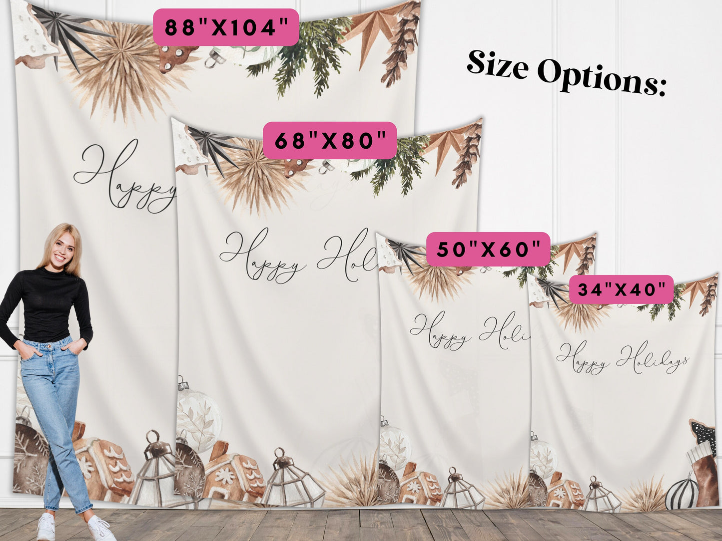 Cozy Chic Custom Holiday Banner | Black Christmas Party Backdrop for Balloon Garland | Rustic Boho Party or Shower Décor | Watercolor Wreath