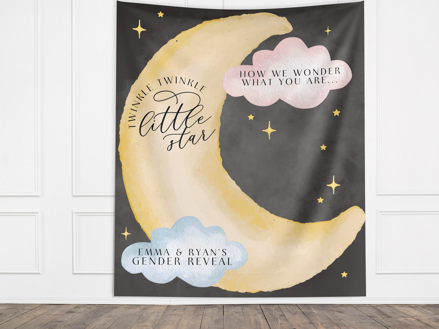 Twinkle Little Star Gender Reveal Banner, Over the Moon Backdrop, Moon and Stars Baby Shower Backdrop, Baby Shower Décor, Girl Baby Shower