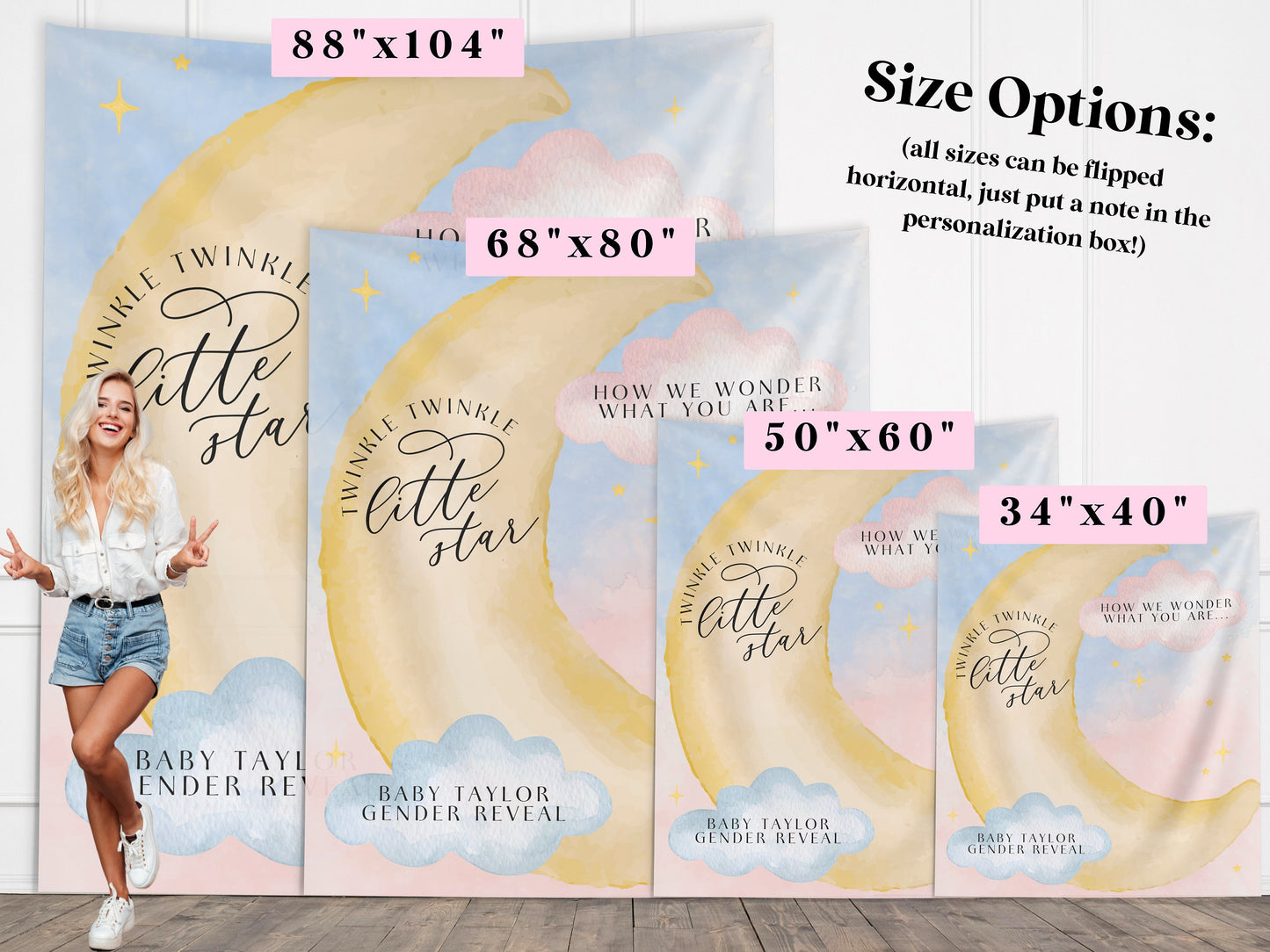 Twinkle Little Star Gender Reveal Banner, Over the Moon Backdrop, Moon and Stars Baby Shower Backdrop, Baby Shower Décor, Girl Baby Shower