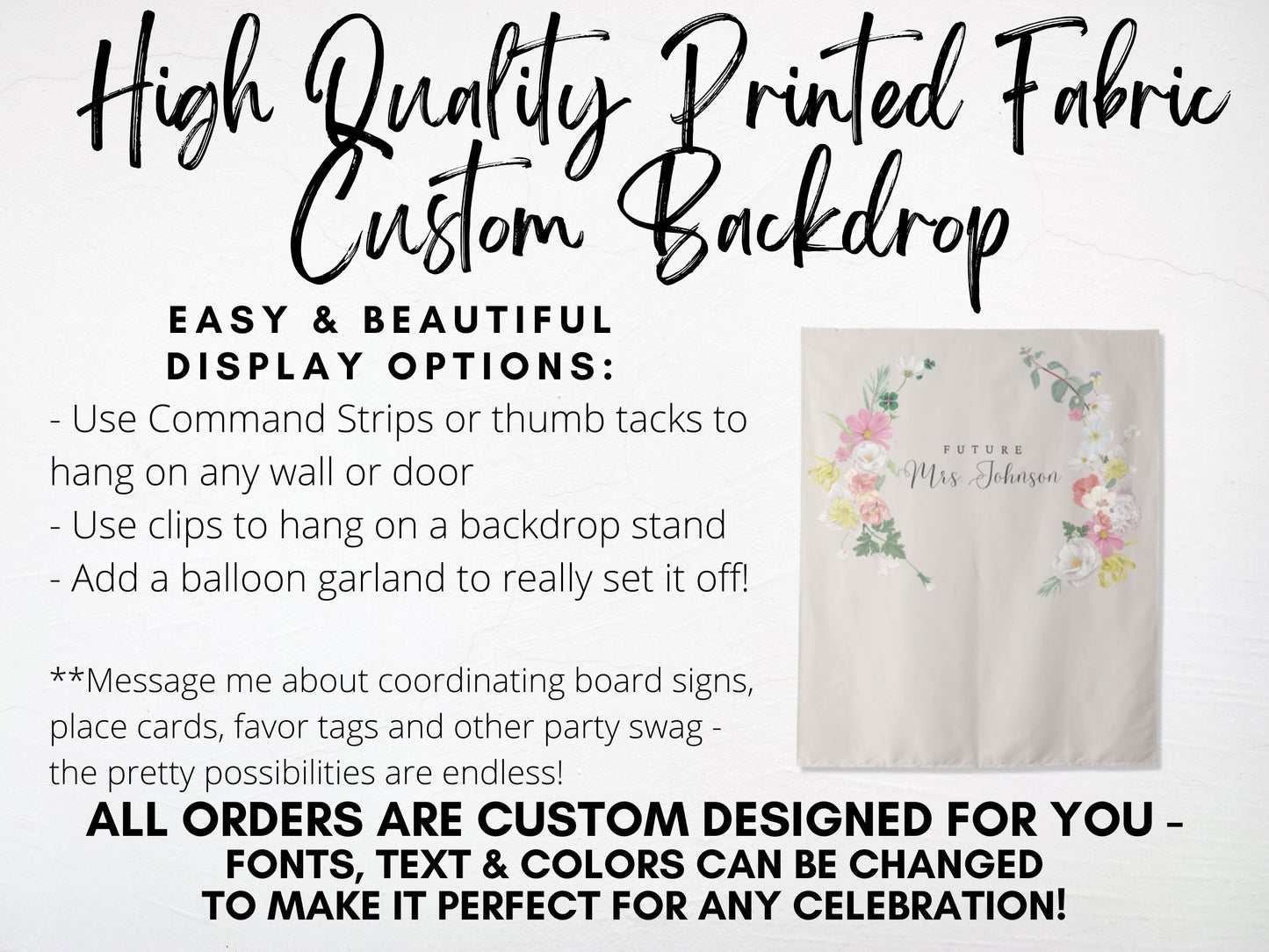 Spring Floral Wreath Custom Shower Backdrop | Personalized Engagement Party, Bridal Shower or Baby Shower Photo Booth