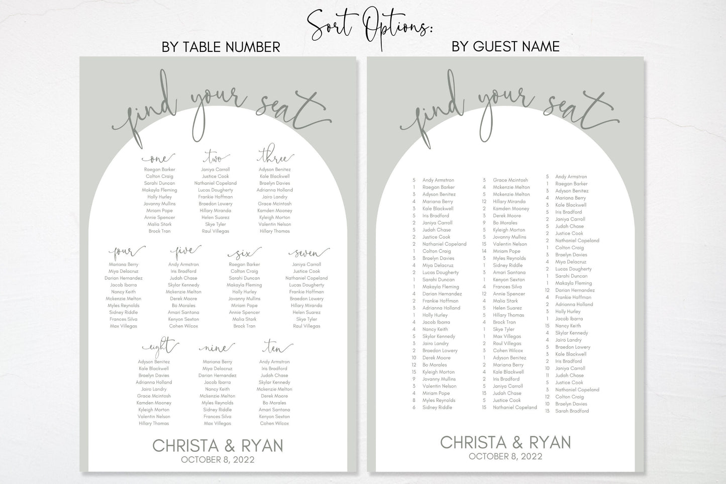 Sage Green Arch Wedding Seating Chart Board Sign | Personalized Guest List and Seating Table Chart - Find Your Seat