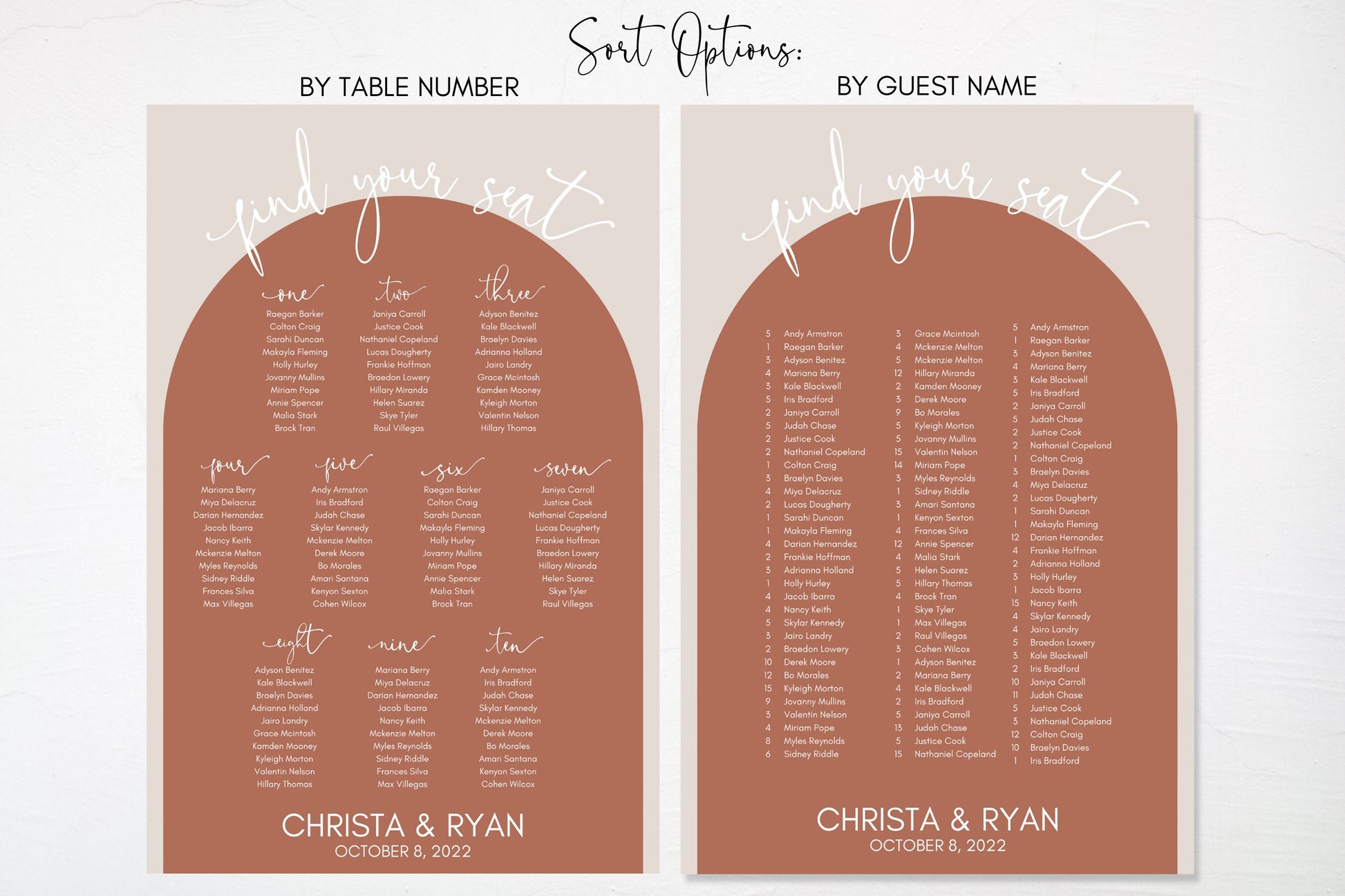 Terracotta Rust Arch Wedding Seating Chart Board Sign | Personalized Guest List and Seating Table Chart - Find Your Seat