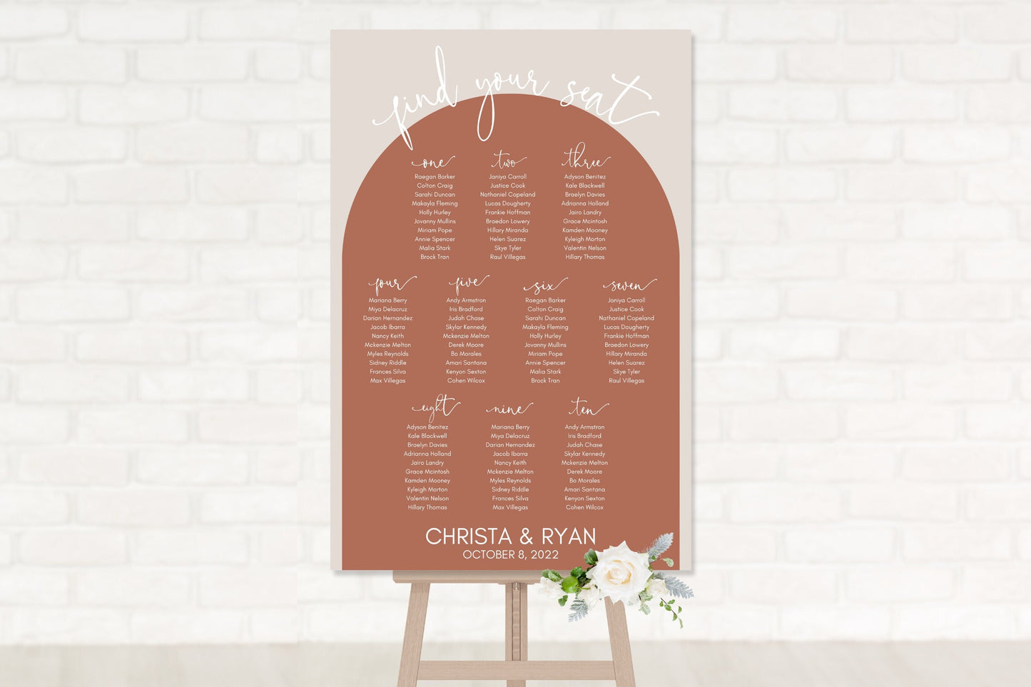 Terracotta Rust Arch Wedding Seating Chart Board Sign | Personalized Guest List and Seating Table Chart - Find Your Seat