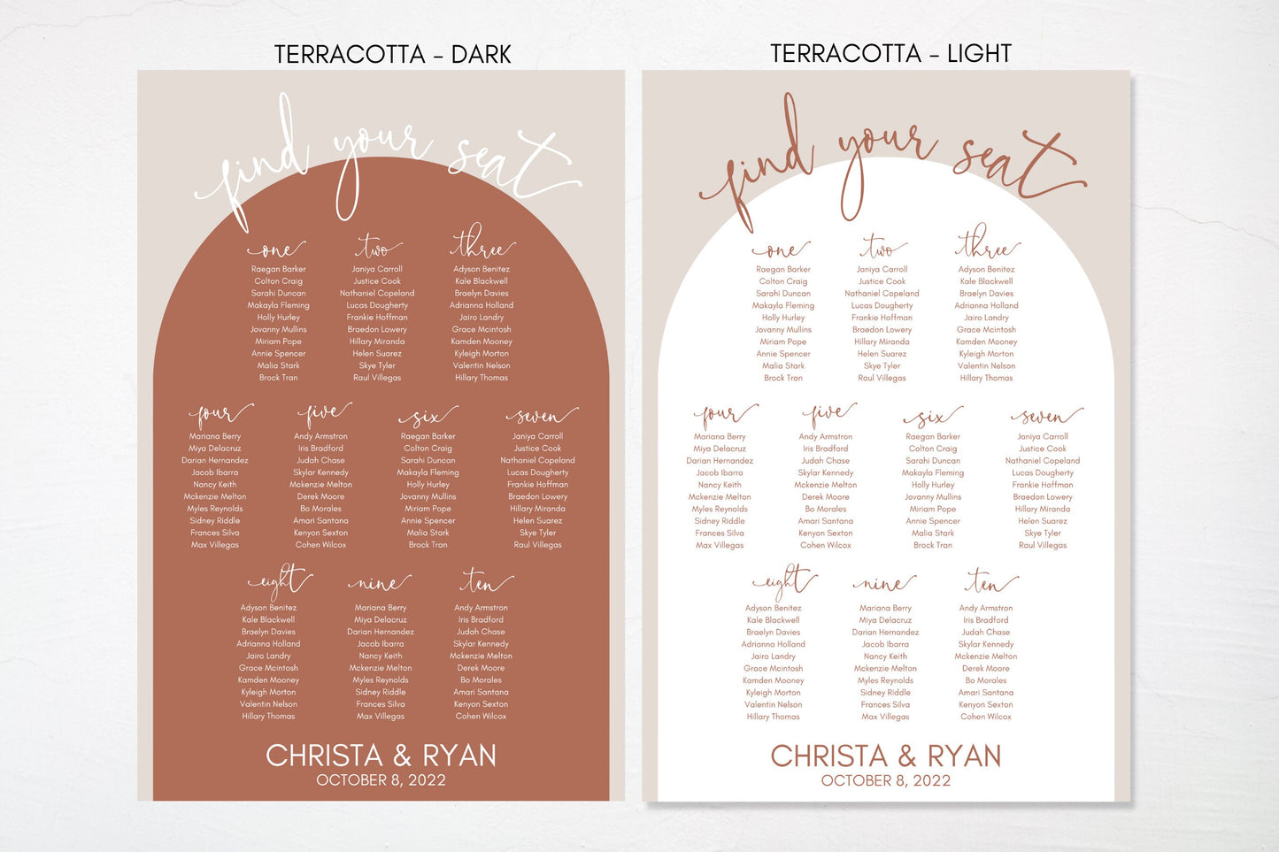 Terracotta Rust Arch Wedding Seating Chart Board Sign | Personalized Guest List and Seating Table Chart - Find Your Seat