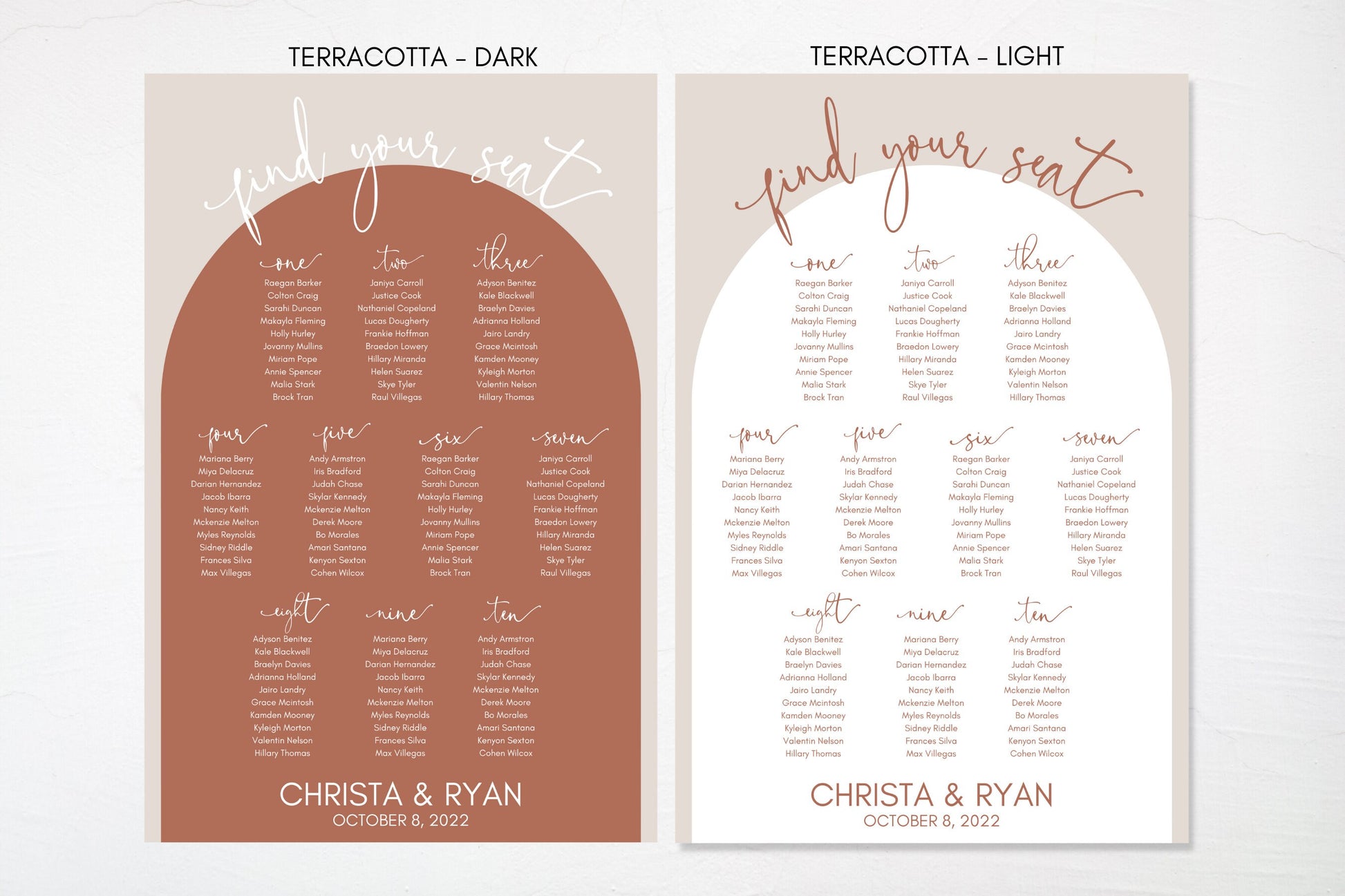 Terracotta Rust Arch Wedding Seating Chart Board Sign | Personalized Guest List and Seating Table Chart - Find Your Seat