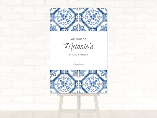 Blue and White Tile Bridal Shower Welcome Board Sign | Custom Bridal Shower Sign