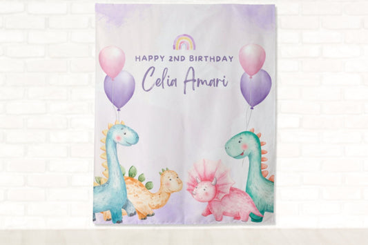 Dinosaur Party Personalized Backdrop | Girly Dinosaur Custom Party Backdrop