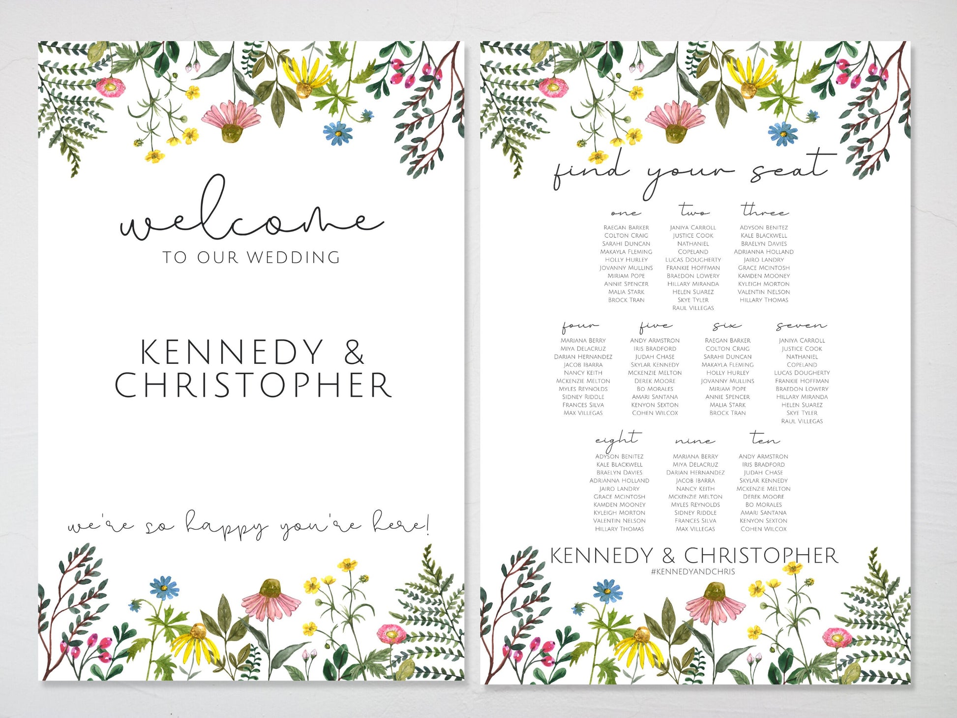 WIldflower Wedding Welcome & Seating Chart Board Sign Set | Personalized Floral Wedding Signs | Find Your Seat