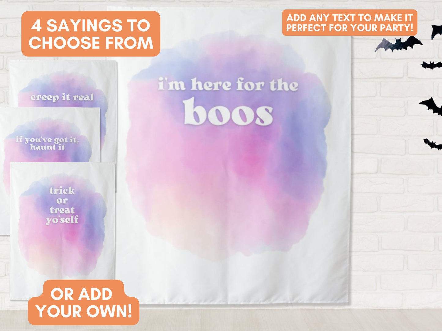 Custom Pastel Watercolor Halloween Party Backdrop | Here for the Boos | Creeping it Real | Treat Yo Self | Haunt It