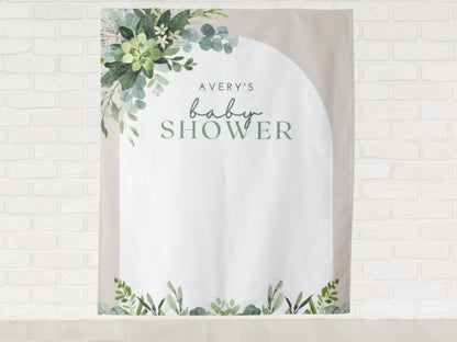 Watercolor Greenery Arch Personalized Baby Shower Backdrop | Custom Party Backdrop for Boy, Girl or Gender Neutral Baby Shower