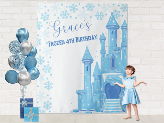 Frozen Birthday Party Backdrop | First Time in Four-Ever Banner | Completely Customizable Winter Birthday Décor | Personalized Princess