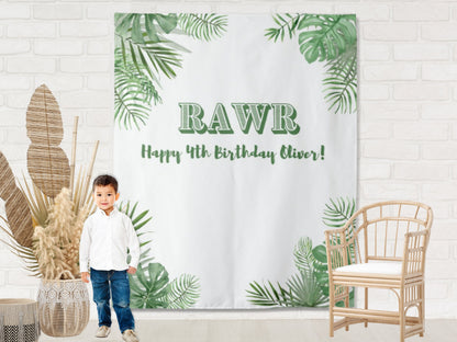 Rawr Dinosaur Party Personalized Birthday Party Backdrop | Palm and Greenery Custom Party Backdrop