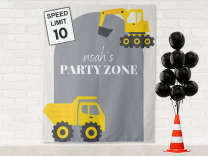 Modern Construction Party Personalized Birthday Party Backdrop | Party Zone Dump Truck Custom Party Backdrop