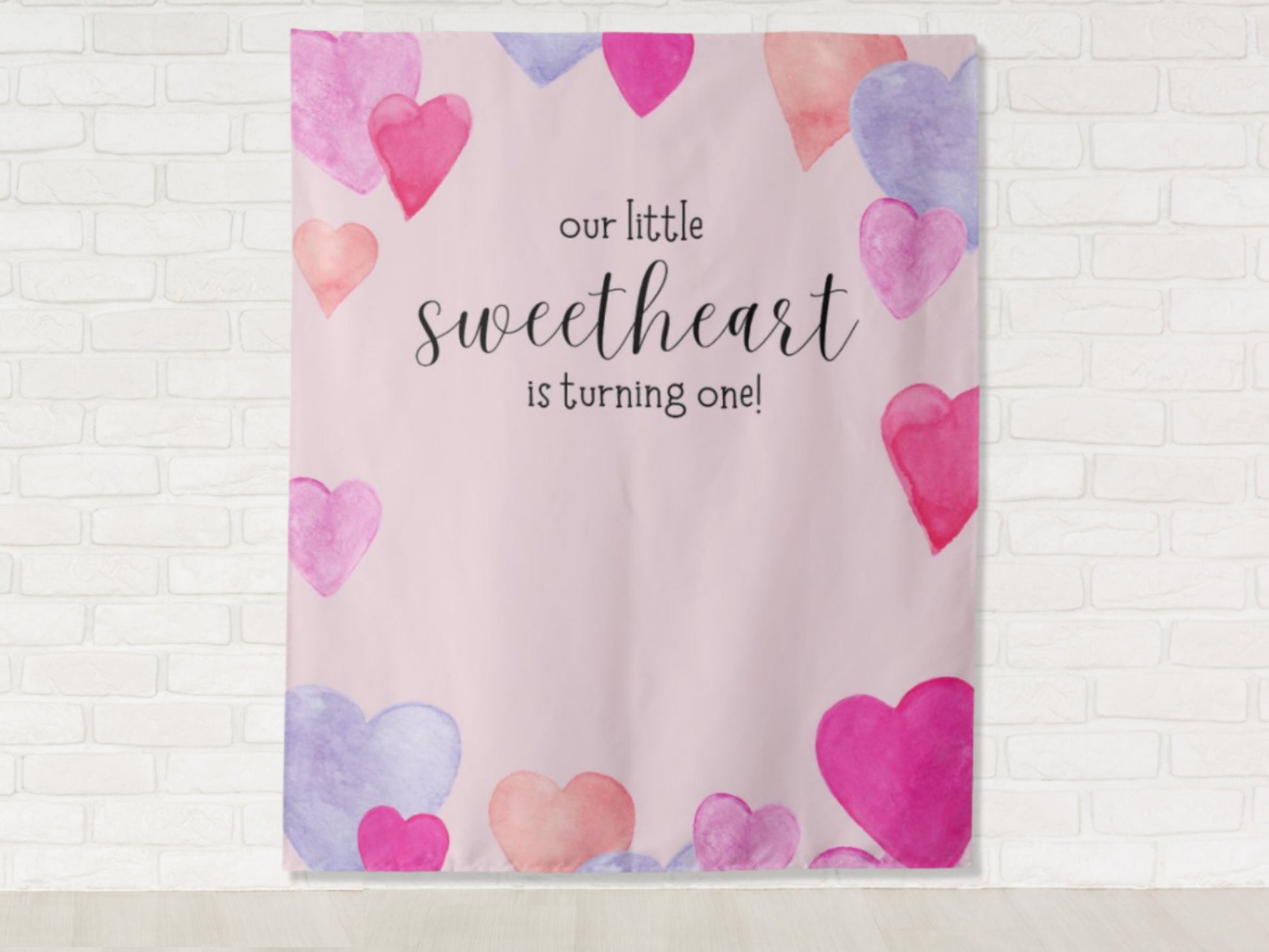 Our Little Sweetheart Pink Watercolor Hearts Custom Birthday Backdrop | Personalized Valentine's Day Photo Booth