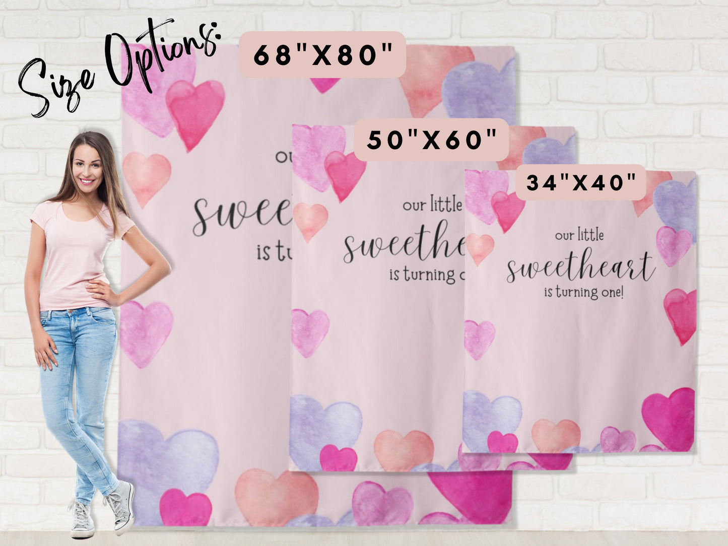 Our Little Sweetheart Pink Watercolor Hearts Custom Birthday Backdrop | Personalized Valentine's Day Photo Booth