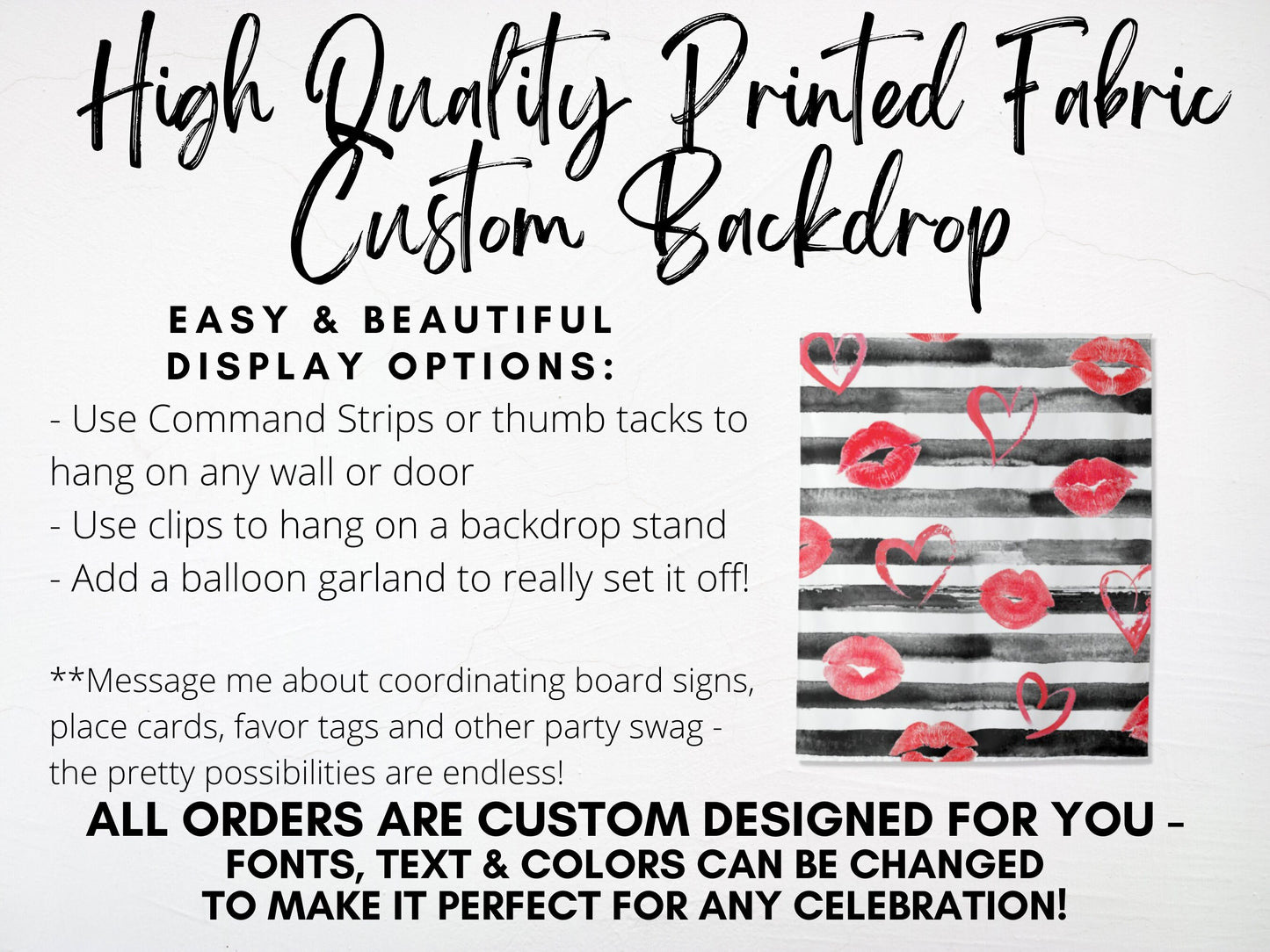 Black and White Watercolor with Red Lips and Hearts Party Backdrop | Personalized Valentine's Day Party, Birthday or Shower Photo Booth