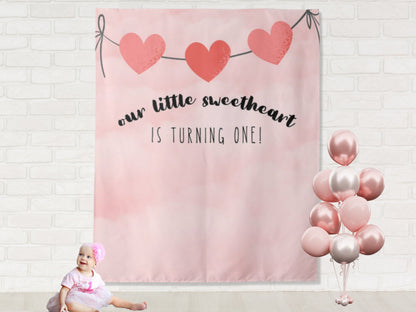 Our Little Sweetheart Heart Garland Custom Birthday Backdrop | Personalized Valentine's Day Photo Booth