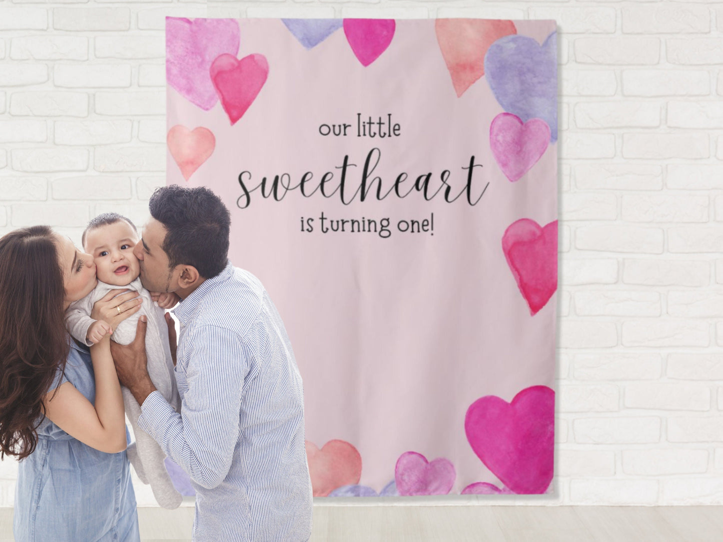 Our Little Sweetheart Pink Watercolor Hearts Custom Birthday Backdrop | Personalized Valentine's Day Photo Booth