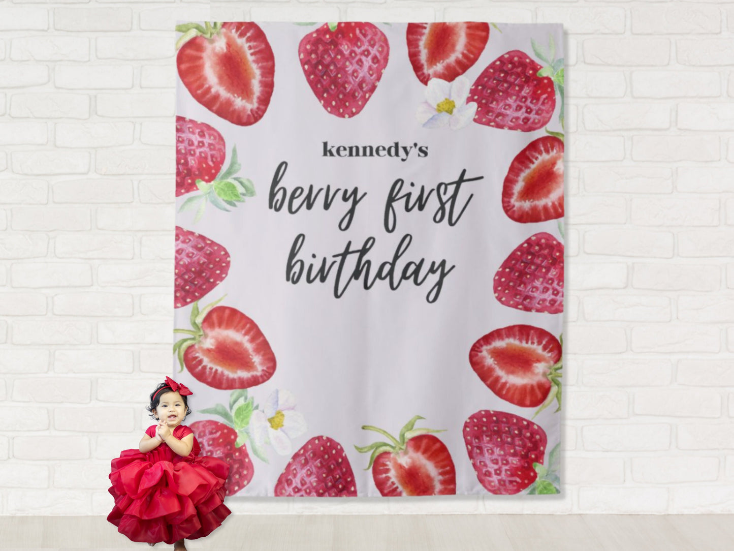 Berry First Birthday Custom Birthday Party Backdrop | Personalized Strawberry 1st Birthday Photo Booth