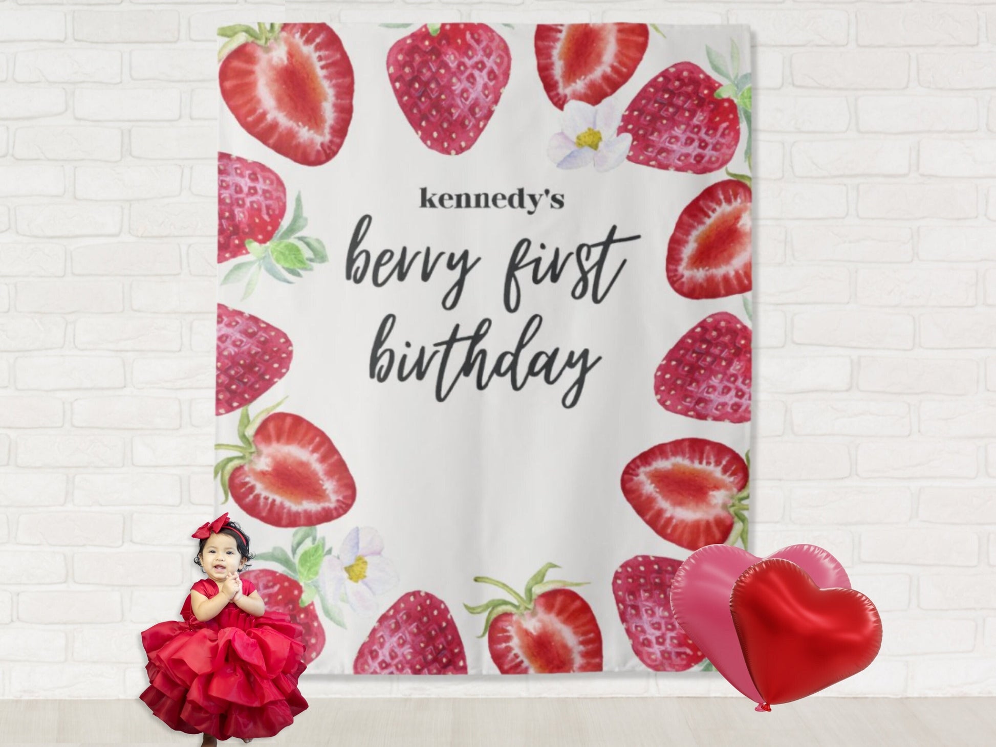 Berry First Birthday Custom Birthday Party Backdrop | Personalized Strawberry 1st Birthday Photo Booth