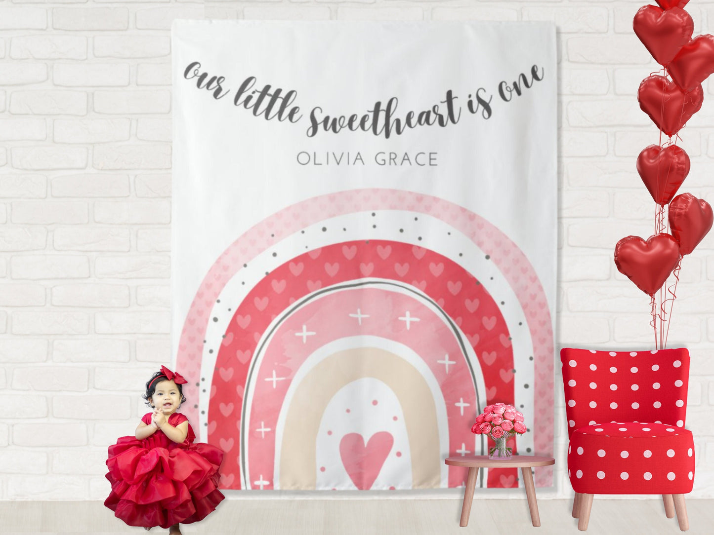 Our Little Sweetheart Pink Boho Rainbow Birthday Banner