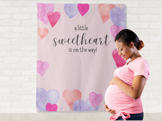 A Little Sweetheart is On The Way Pink Watercolor Hearts Custom Birthday Backdrop | Personalized Valentine's Day Photo Booth