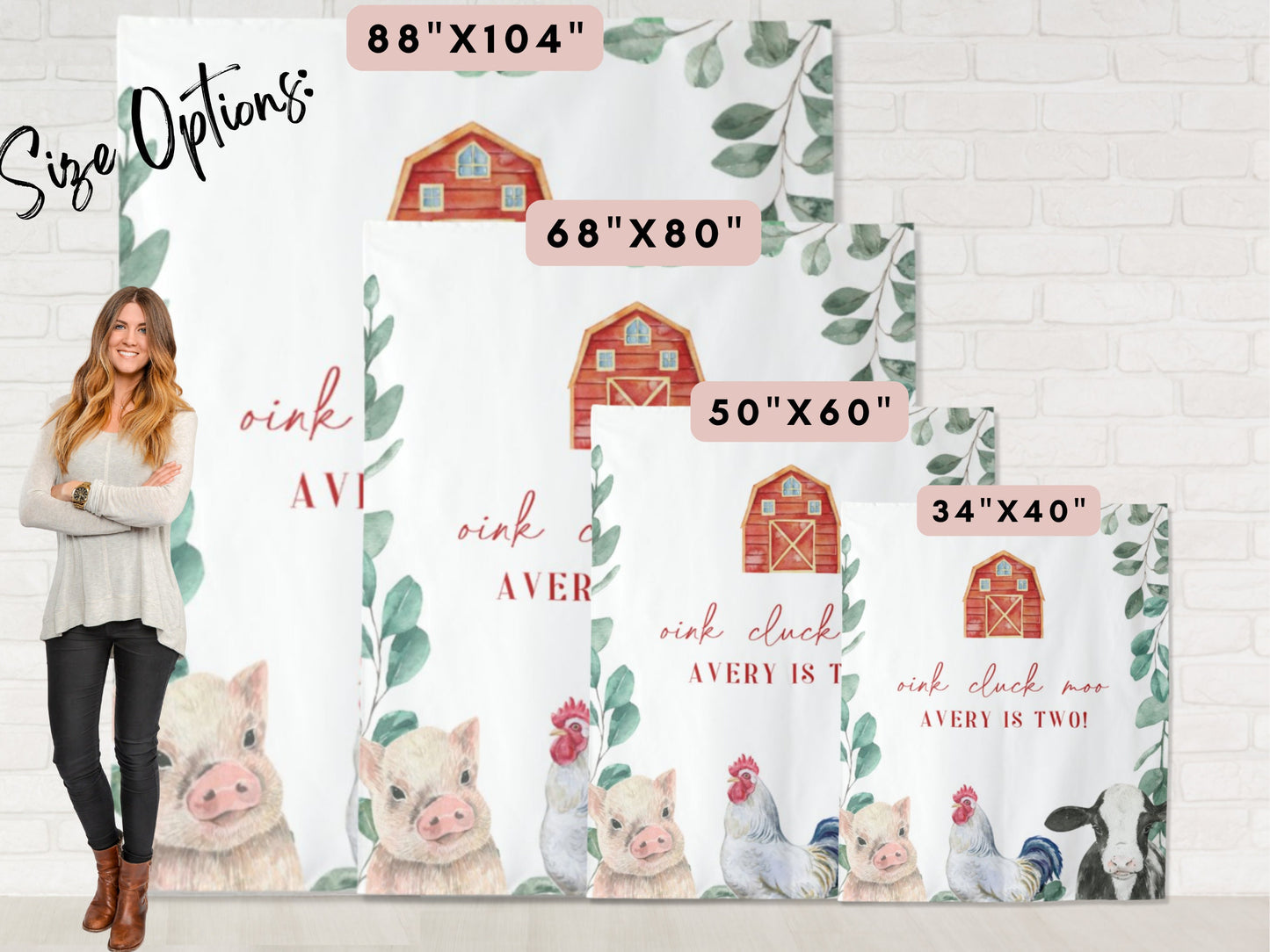 Farm Animal Custom Text Shower or Party Backdrop | Personalized Oink Cluck Moo Birthday Photo Booth