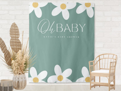 Oh Baby Retro Daisy Baby Shower Backdrop | Personalized Groovy Boy, Girl or Gender Neutral Baby Shower Photo Booth