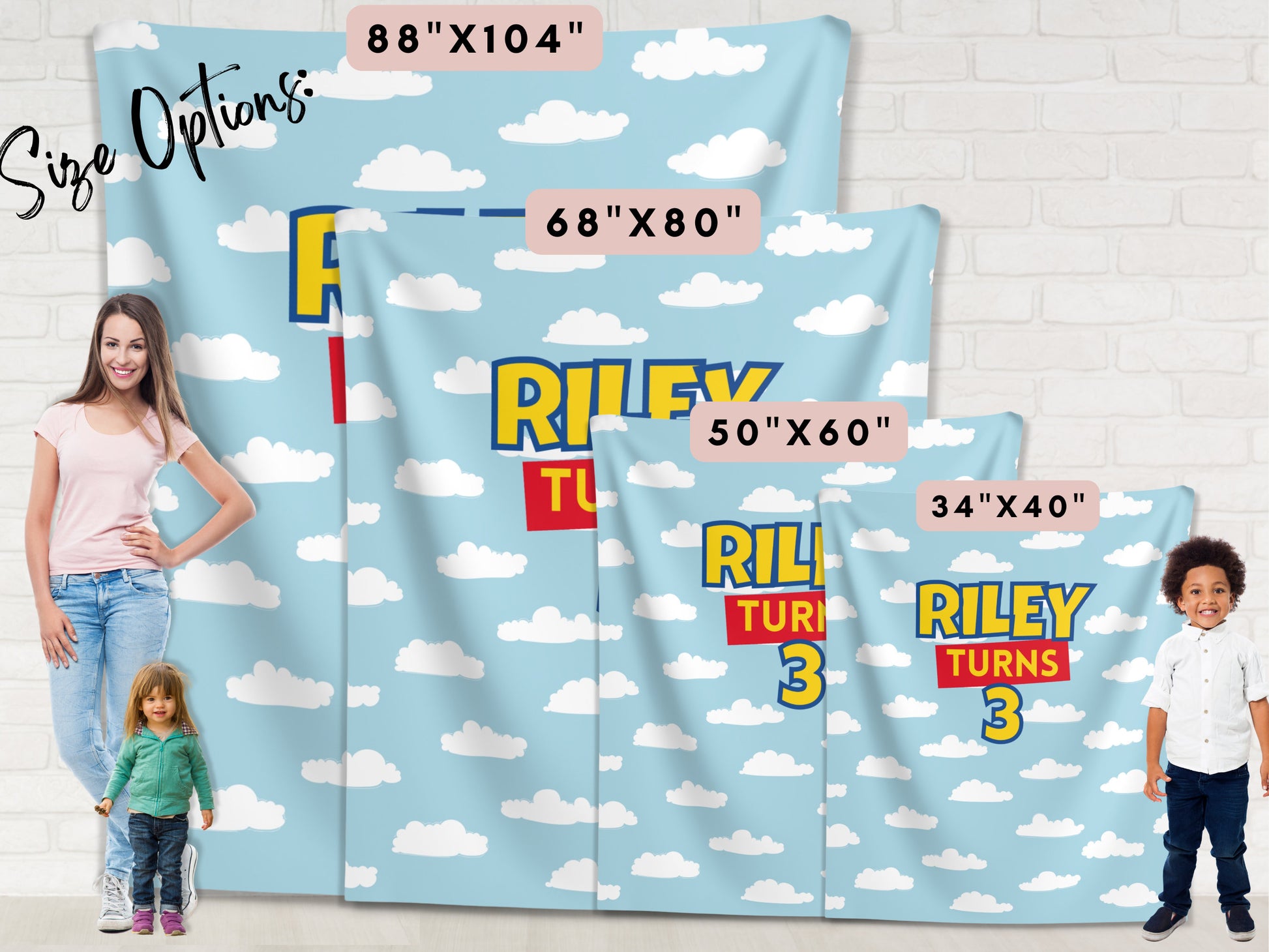 Custom Birthday Story Backdrop | Boy Birthday Party Theme | Blue Cloud Banner | Toy Classic Bright, Muted Colors, or Pink | Two Infinity