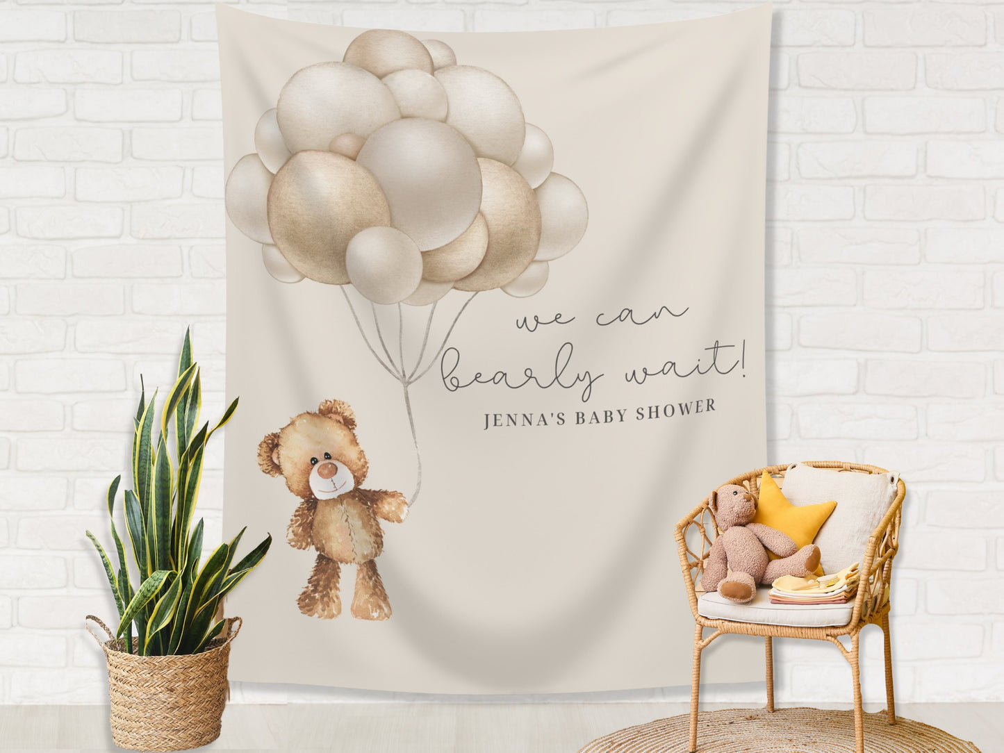 Teddy Bear Personalized Baby Shower Banner | We Can Bearly Wait Custom Party Backdrop | Bear with Balloons | Gender Neutral Baby Shower