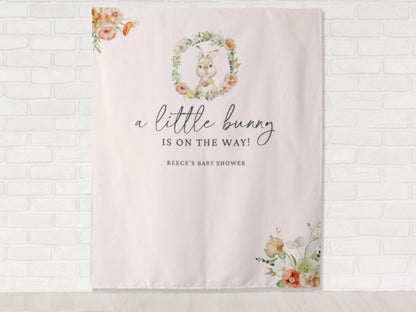 A Little Bunny is On The Way Spring Floral Wreath Custom Shower Backdrop | Personalized Baby Girl Baby Shower Photo Booth