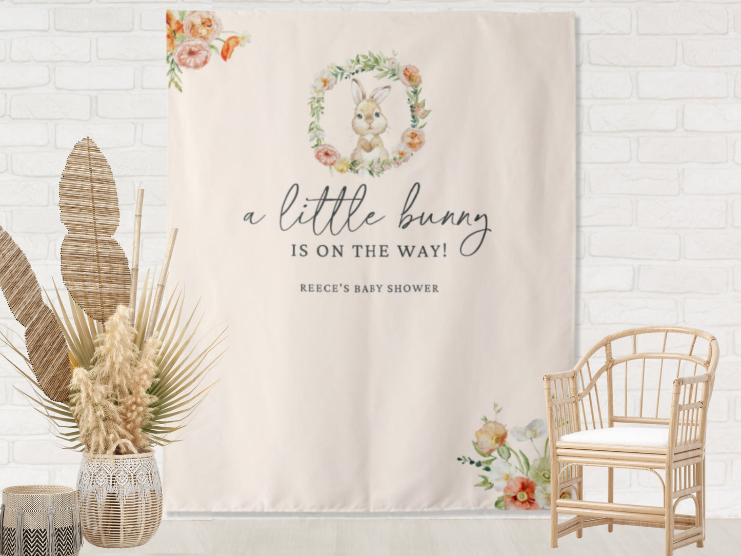 A Little Bunny is On The Way Spring Floral Wreath Custom Shower Backdrop | Personalized Baby Girl Baby Shower Photo Booth