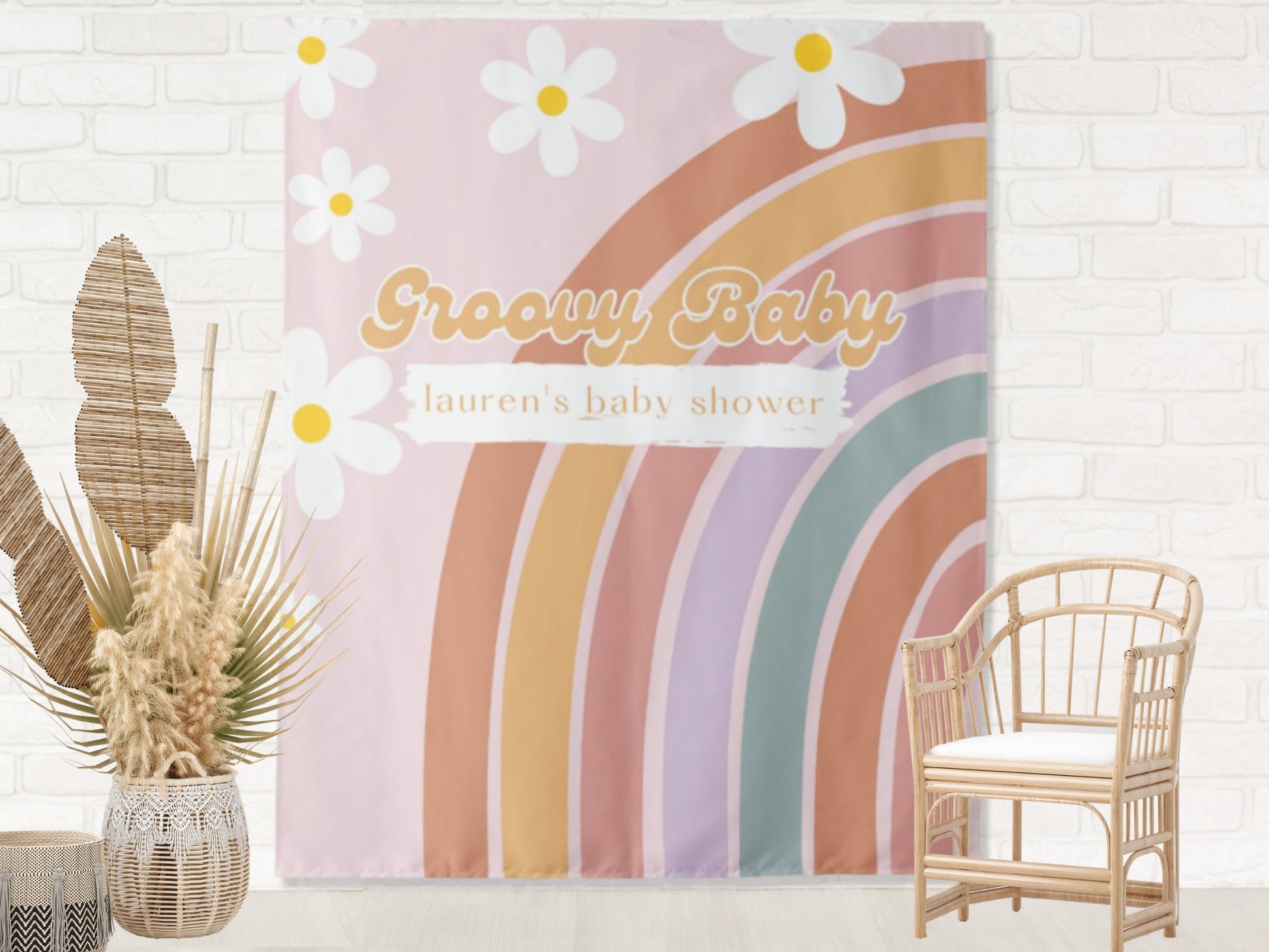 Retro Rainbow Custom Text Shower or Party Backdrop | Personalized Smiley Baby Shower, Bridal Shower, Birthday, Classroom Photo Booth