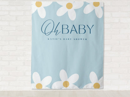 Oh Baby Retro Daisy Baby Shower Backdrop | Personalized Groovy Boy, Girl or Gender Neutral Baby Shower Photo Booth