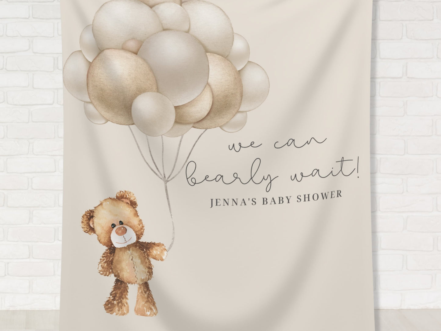 Teddy Bear Personalized Baby Shower Banner | We Can Bearly Wait Custom Party Backdrop | Bear with Balloons | Gender Neutral Baby Shower