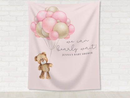 Teddy Bear Personalized Baby Shower Banner | We Can Bearly Wait Custom Party Backdrop | Bear with Balloons | Gender Neutral Baby Shower